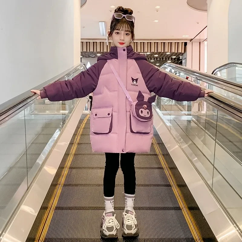 Girls Clothes Sanrio Jackets New Winter Children Kuromi Coats Cartoon Purple Splicing Down Jacket Kids Thickend Cotton Outerwear