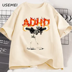 ADHD Skeleton Meme T Shirts for Men Casual Cotton Short Sleeve Tees Streetwear Loose Fashion Skull Graphis T Shirts Streetwear