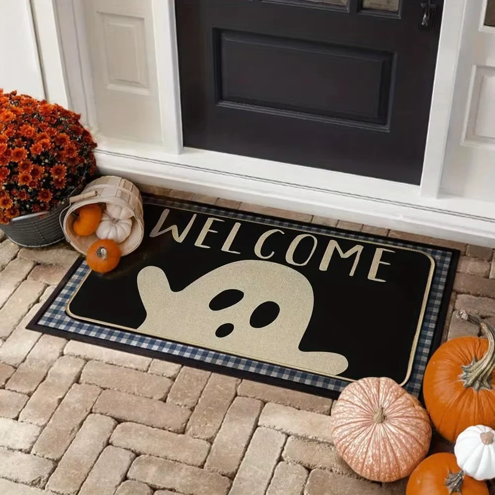 

VIKAMA Halloween Welcome Mat Cute Ghost Non-Slip Machine Washable Door Mat Entrance Living Room Holiday Decoration