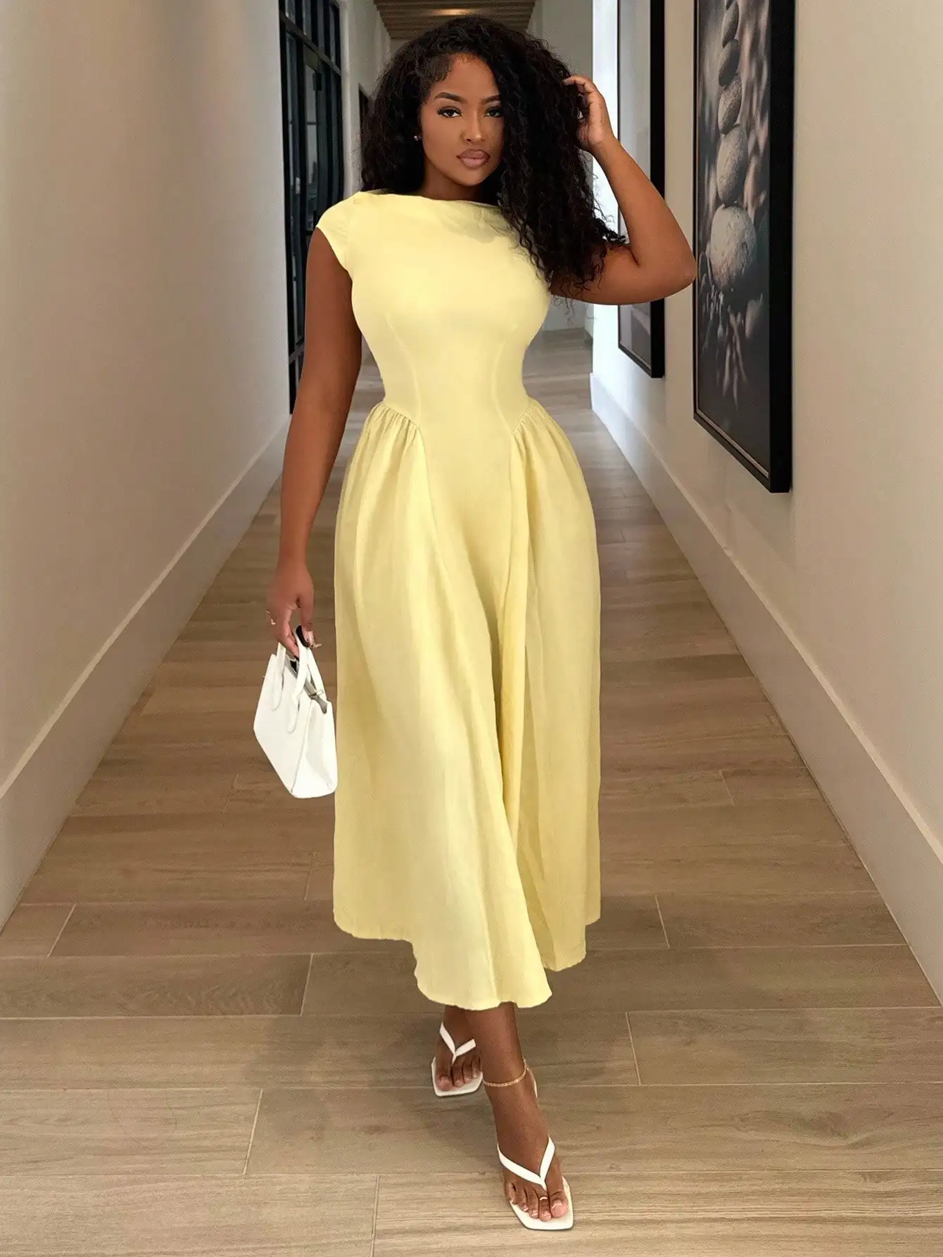 

Butter Yellow A-Line Midi Dress with Cinched Waist and Lantern Sleeves for Casual or Office Wear