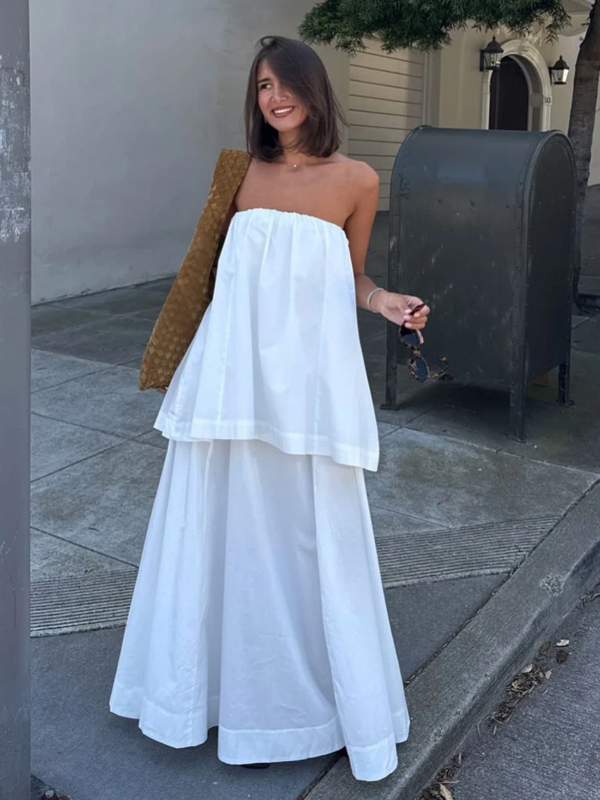 

Marthaqiqi Cotton Ladies Nightgown Set Slash Neck Pajamas Tank Tops Nightwear Backless Sleepwear Long Skirts Casual Nightie Suit