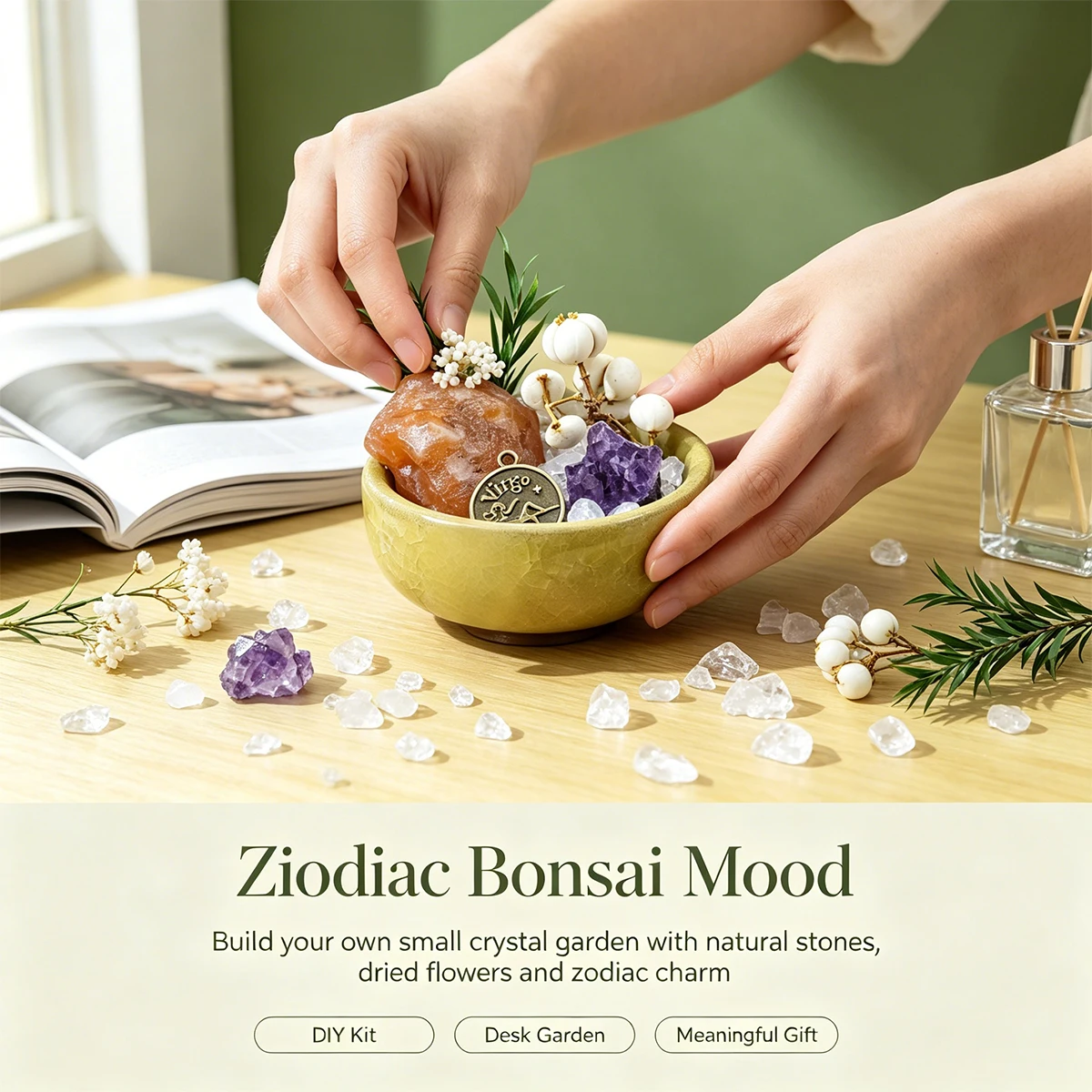 1SET Natural Crystal DIY Mini Garden Kit Chips Amethyst Cluster Dried Flower Ceramic Bowl Zodiac Charm Desktop Decor Gift Set