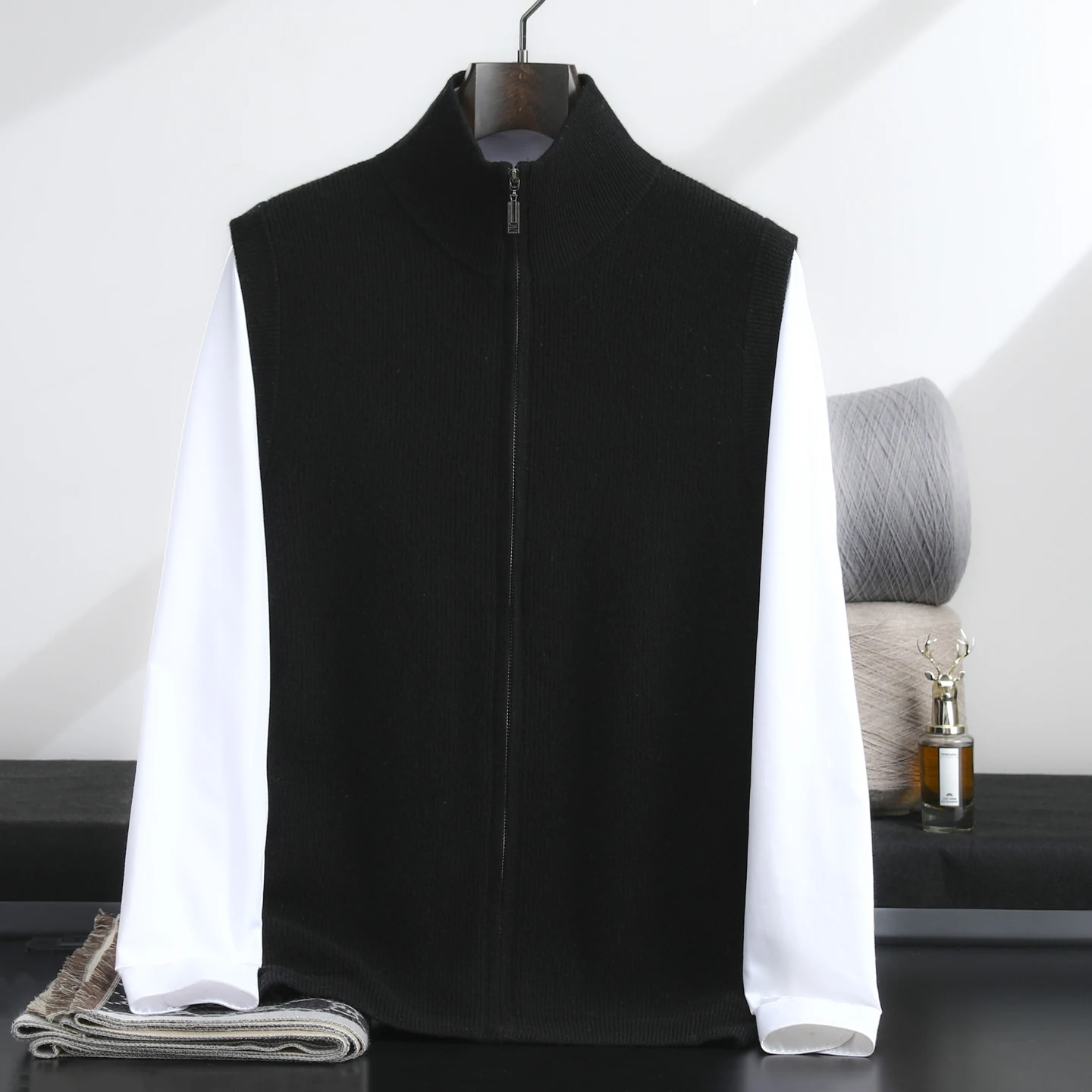 Autumn And Winter 100% Wool Sweater Men\'s Vest Zipper Vest Half Turtle Neck Youth Cardigan Vest Bottoming Shirt