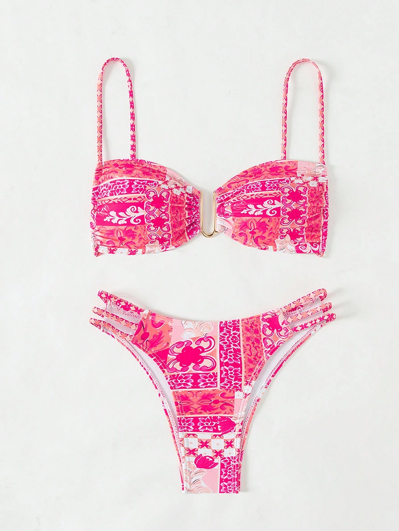 European and American ladies bikini pink print sweet senior adult high waist slim triangle swimsuit