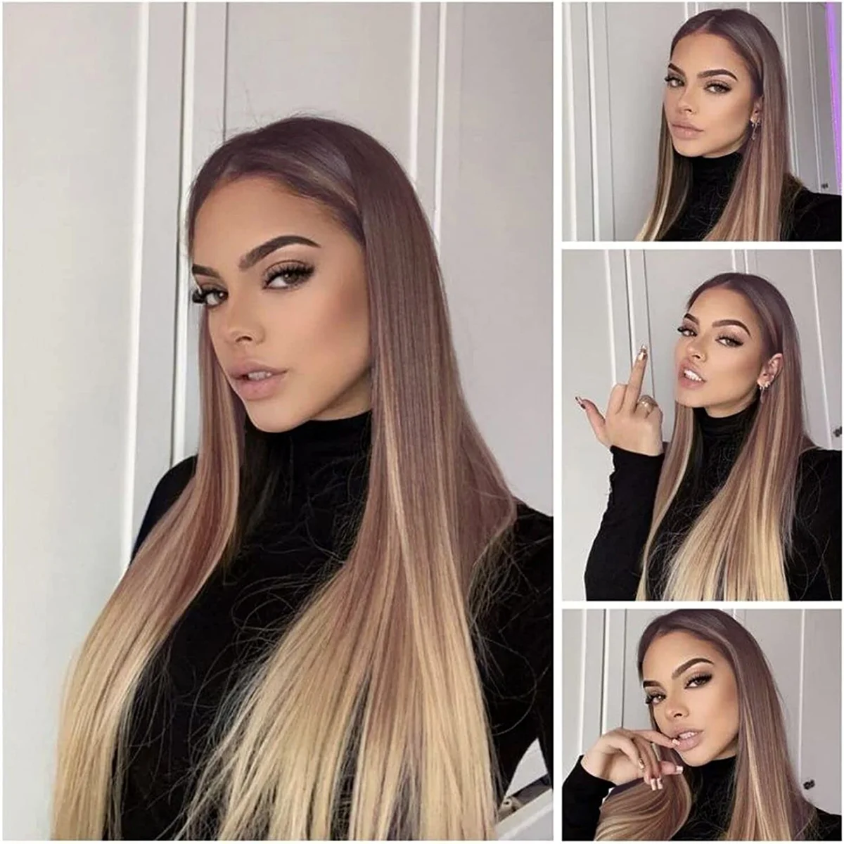 Ombre Brown Blonde 13x4 Lace Front Synthetic Wig Glueless Long Straight 3-tone Colored Lace Front Wig for Women Heat Resistant