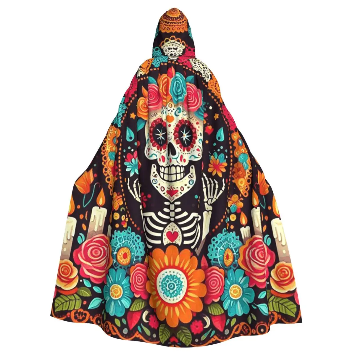 Mexicaanse schedel Calavera illustratie lange capuchon mantel heks middeleeuws kostuum cosplay Cape Halloween vampier volwassen Unisex