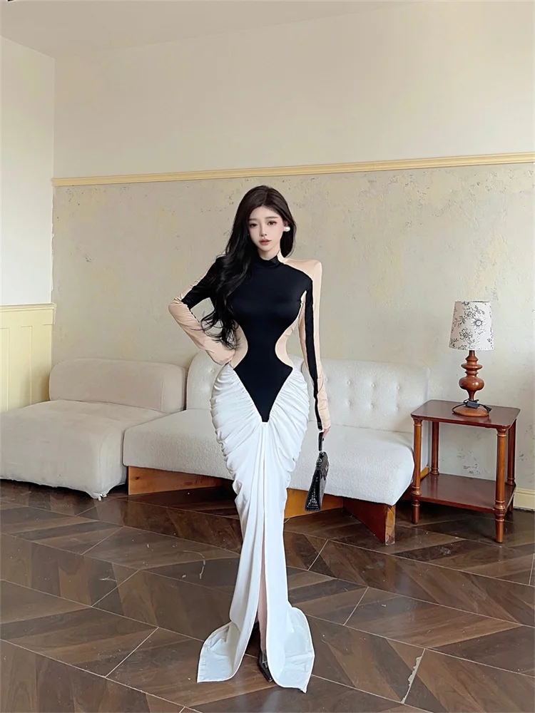 

Socialite Women's Maxi Party Dress Hot Sexy Slim Color Blocked Long Sleeved Dress Pleated Bodycon High Slit Evening Dresses