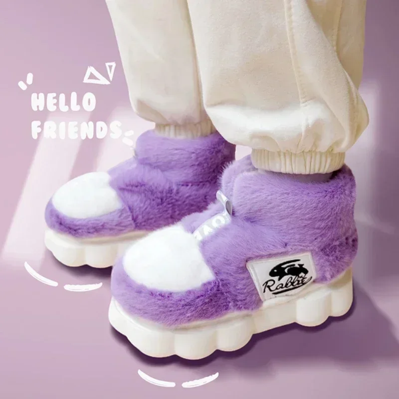 Women Cotton Slippers Winter Warm Shoes Lining Plush Indoor Couple Slides Platform High Top Snow Boots Female Kids Home Slipper