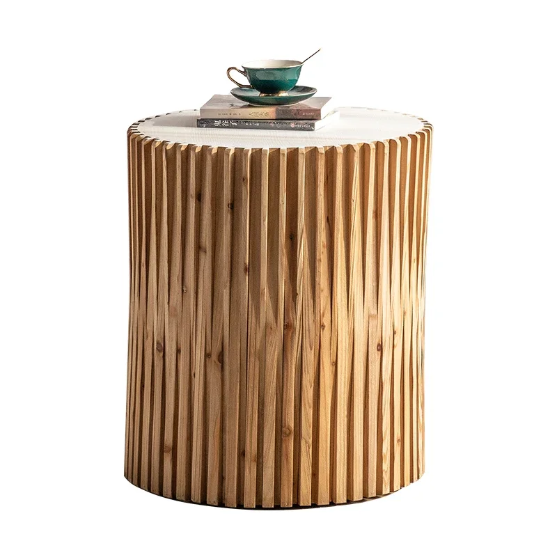 

Wood Round Cylindrical Retro Style Side Table Coffee Table with Fluted for Living Room