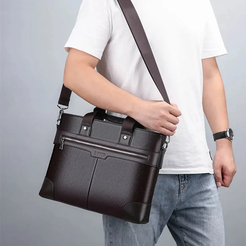 Maletín de negocios de cuero para hombre, bolso de mano de moda para oficina, bandolera de hombro para ordenador portátil de 14 pulgadas