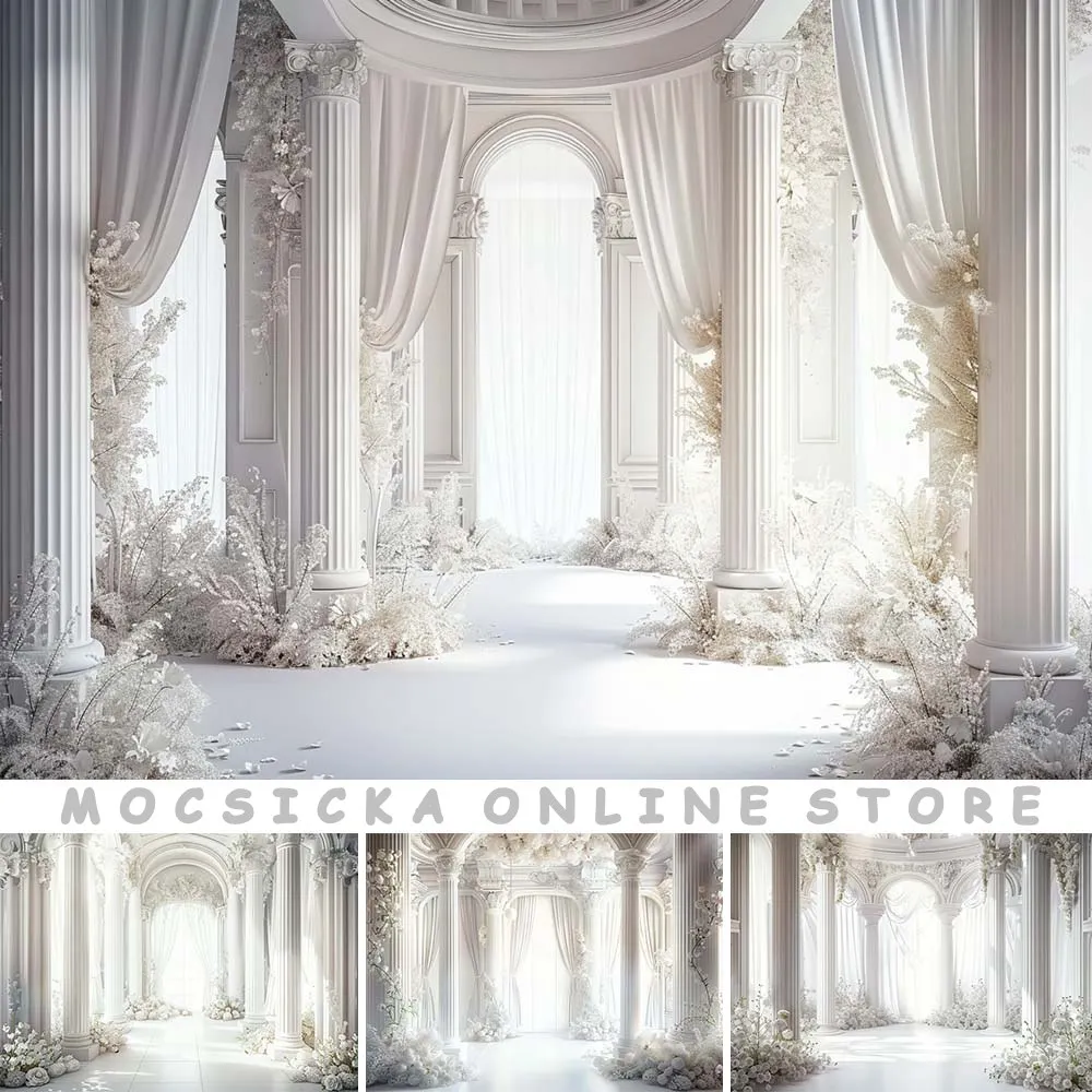 Mocsicka European Palace Castle Backdrop Photography Indoor White Columns Flowers Women Artistic Photo Background Shooting Props