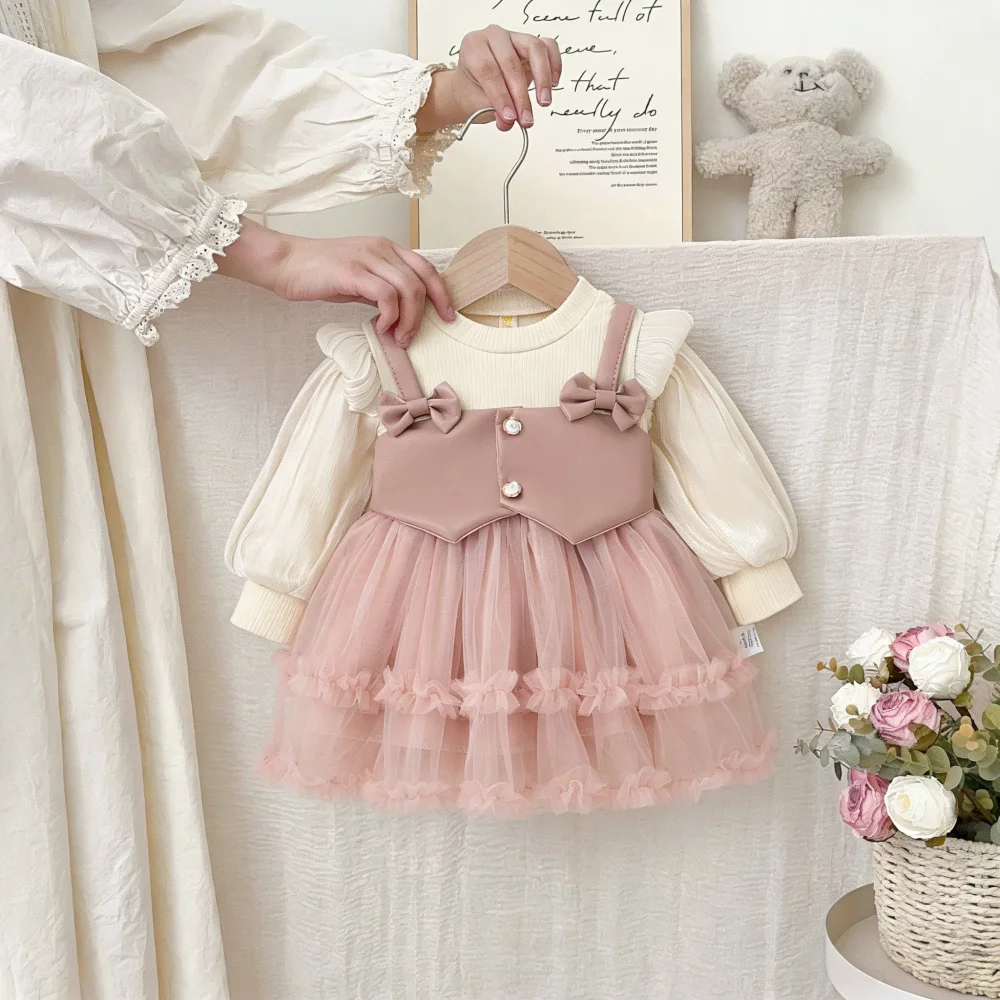 Mädchenkleider Herbst/Winter Schleifenknoten-Tüllkleider für Mädchen Entzückende Prinzessinnenkleider Babykleidung für Mädchen