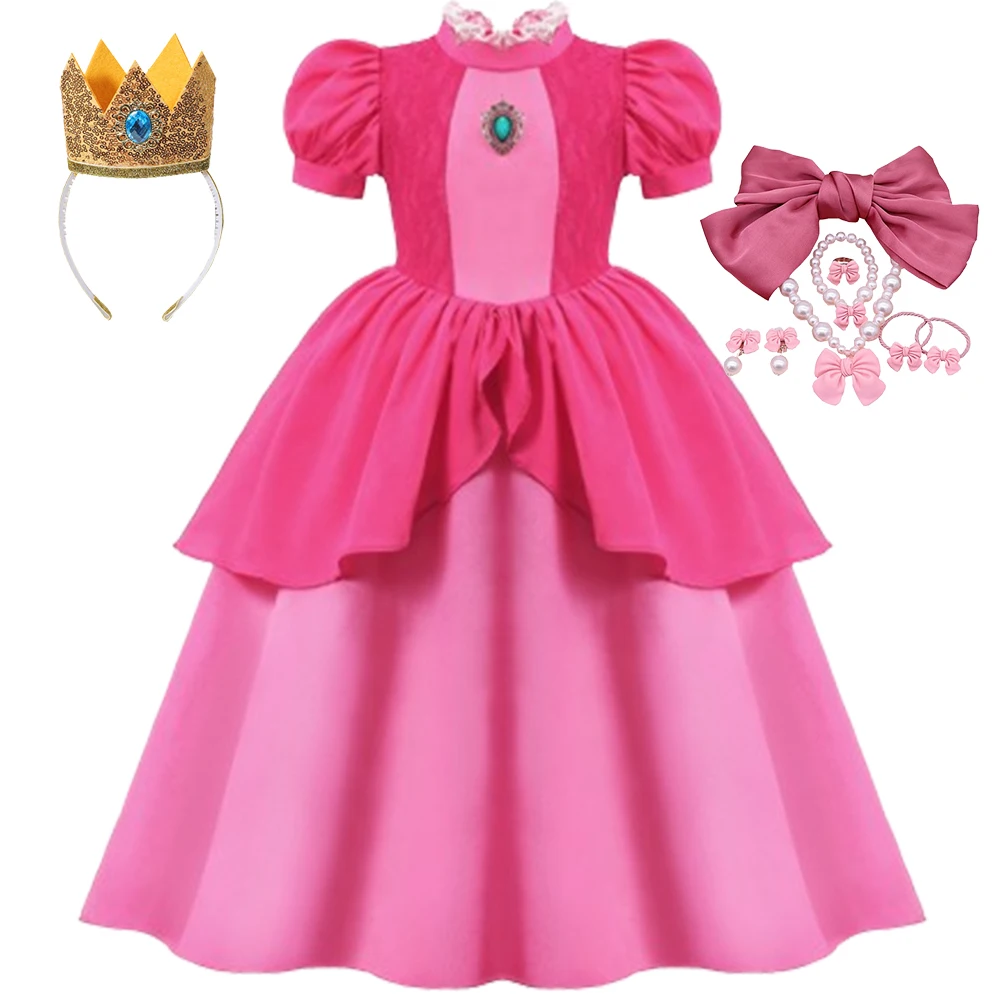 2024 Girls Peach Princess Dress Fancy Bubble Sleeve Costume Revelry Party Cosplay Outfits Clothes 2-10 Yr 2024 Costumes For Girl