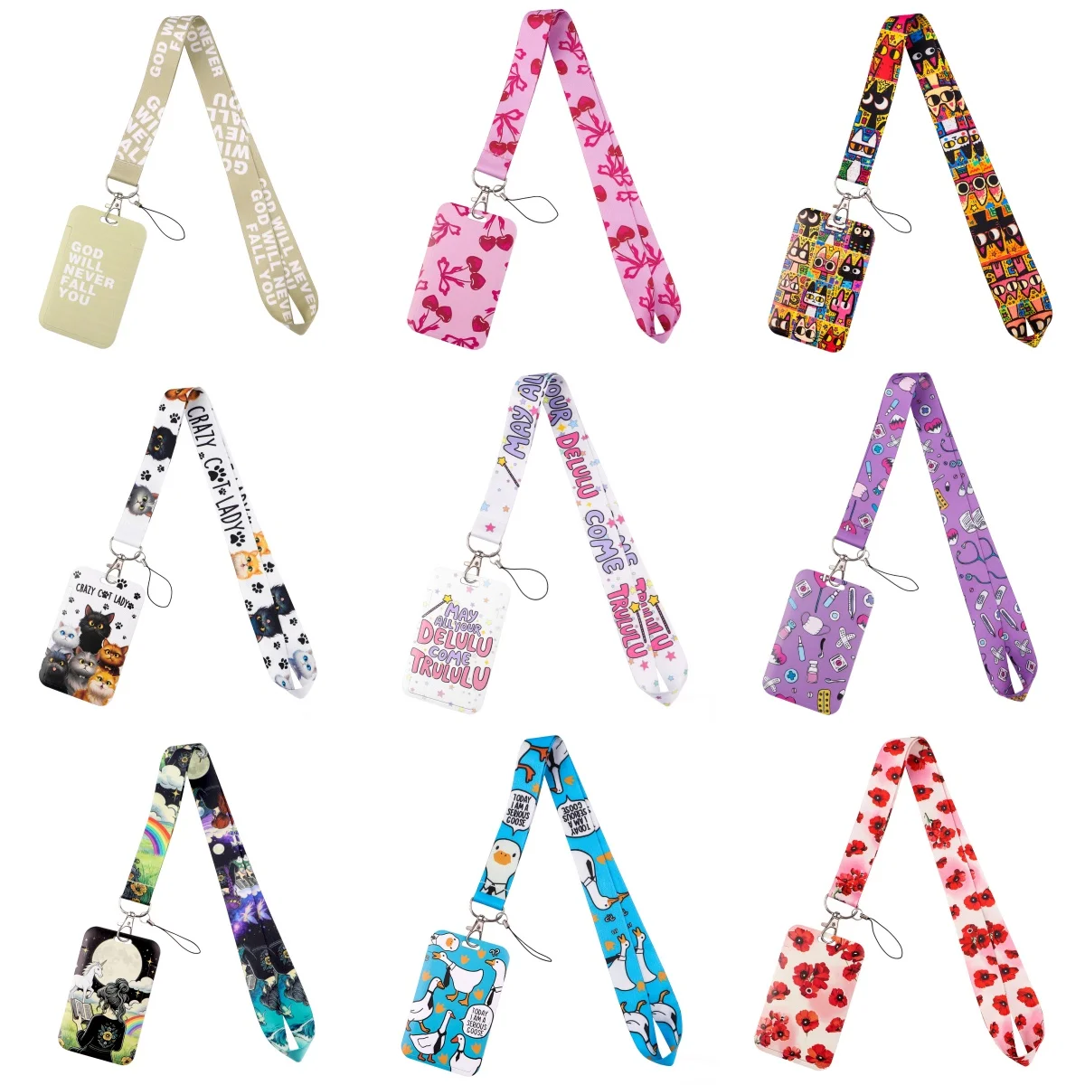 Red Flowers Lanyard with ID Card Holder Medical Neck Strap for Keys Phone Cartoon Cat Lanyard for Women Men Student Gift