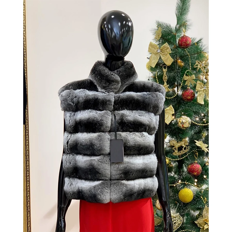 Ladies Real Rex Rabbit Furs Vest High Quality Natural Fur Coats For Women 2024 Chinchilla Fur Jacket