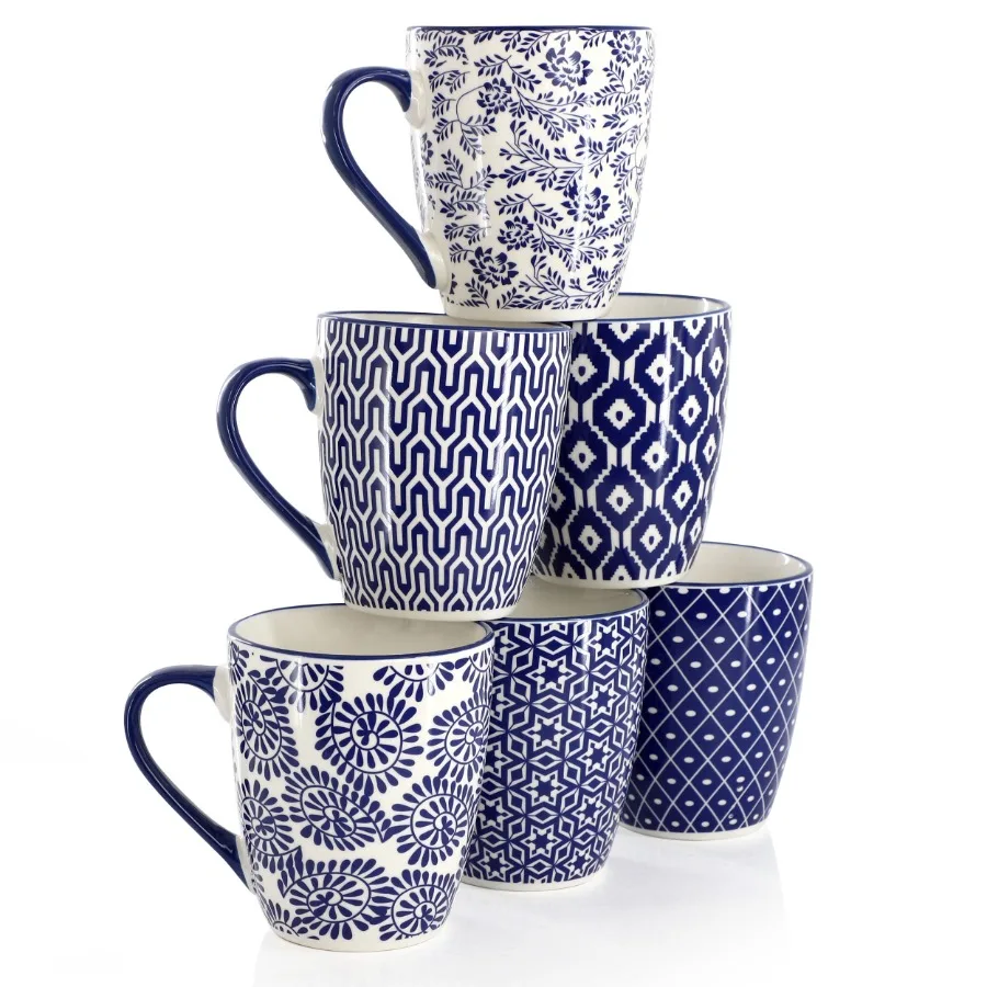 Declan 6 Piece 12 Ounce Assorted Design Stoneware Mug Set in Blue and White