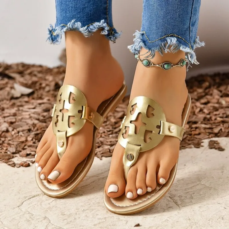 Sandalias planas recortadas para mujer, chanclas informales, Chanclas de playa, zapatos de diseñador, 2024