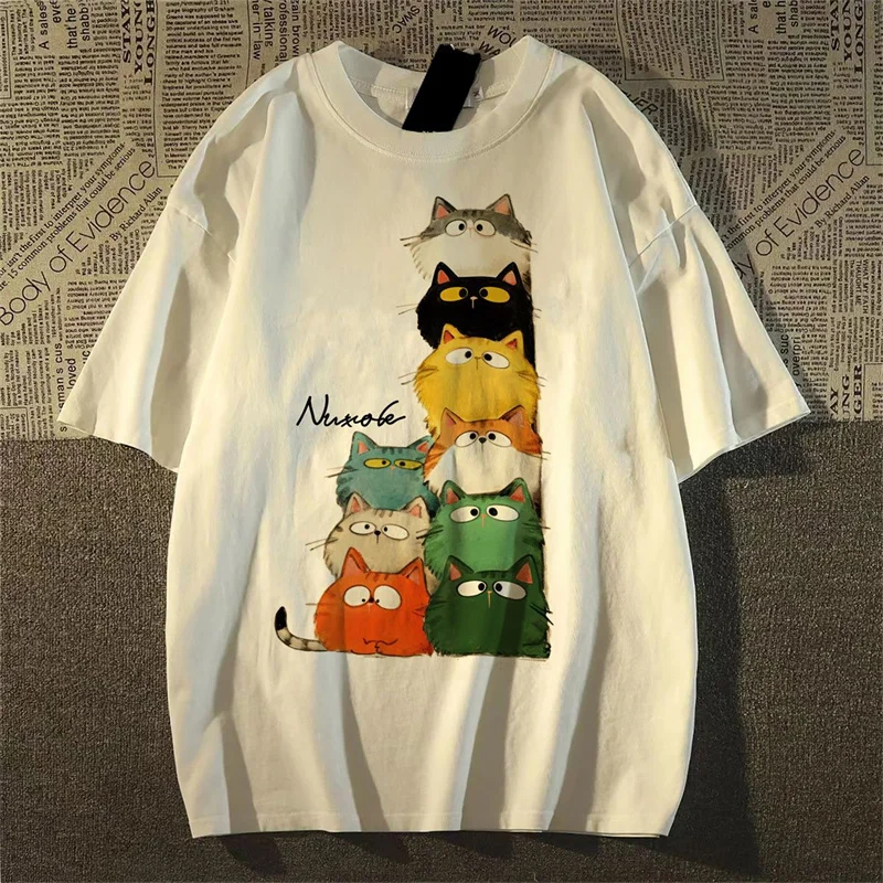 أنيمي Harajuku تزهر القط طباعة القطن النساء تي شيرت الصيف المعتاد قصيرة الأكمام Y2k لينة عادية النساء الرجال قمم تي شيرت المحملة #2