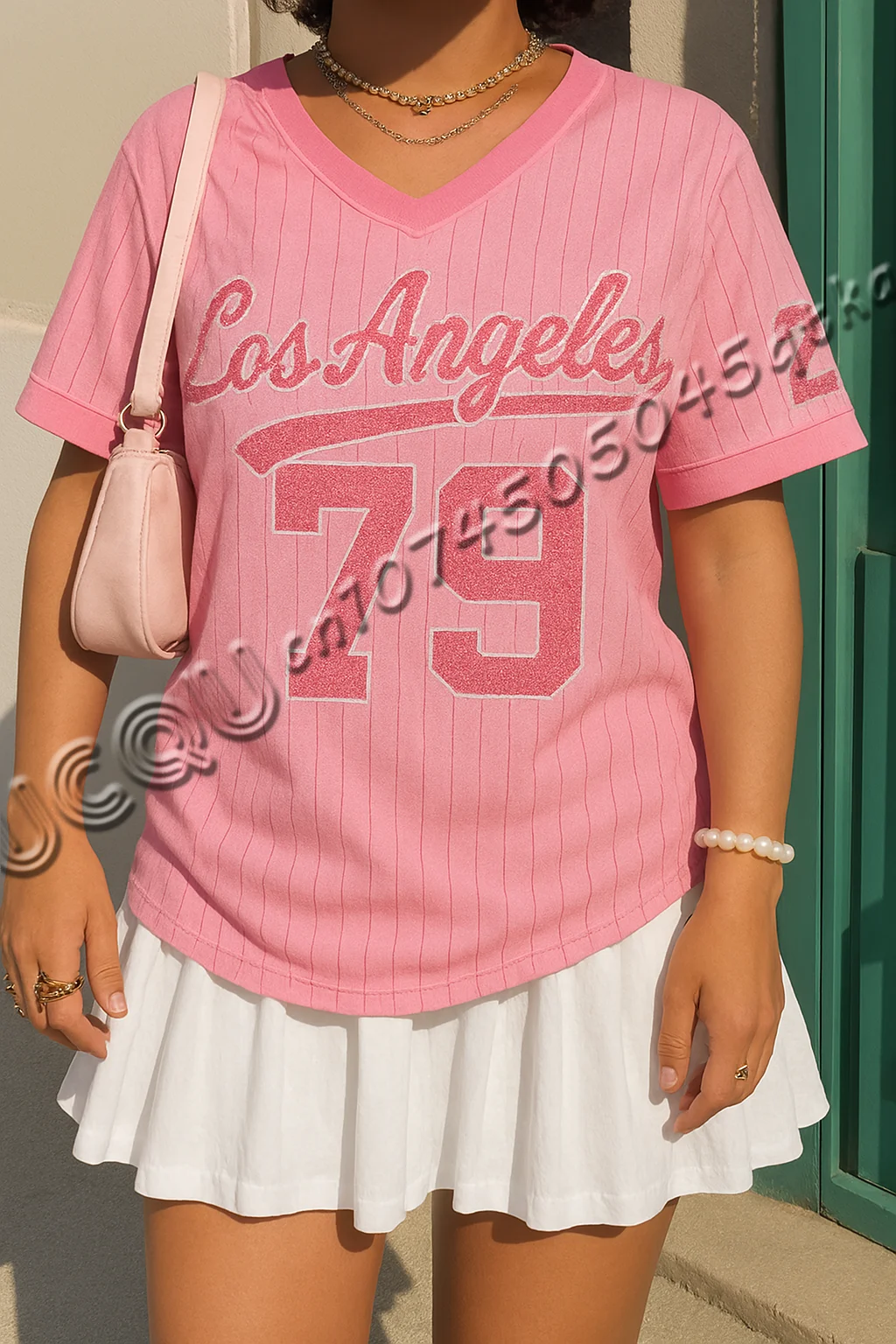 

Women's Los AngelesLetter Print V-Neck Short Sleeve T-Shirt Summer Graphic Tee Baseball Jerseys Plus Size Men's Sport T-Shirt