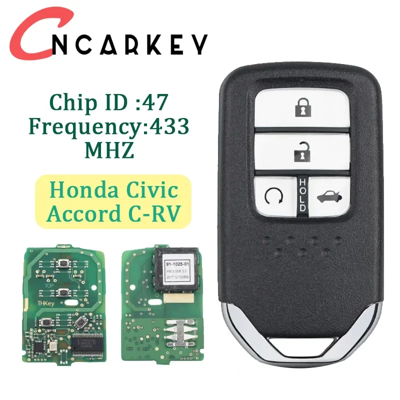 4 Buttons Smart Remote Car Key Fob For Honda Civic Accord C-RV 2014 2015 2016 2017 FCC ID KR5V2X Frequeency 433Mhz ASK ID47 Chip