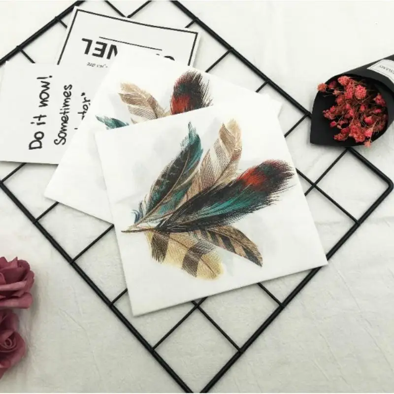 Colourful Printed Napkin Creative Feather Model Tissue Drawing Paper Restaurant Party Gathering Facial Tissue Mouth Cloth Tissue