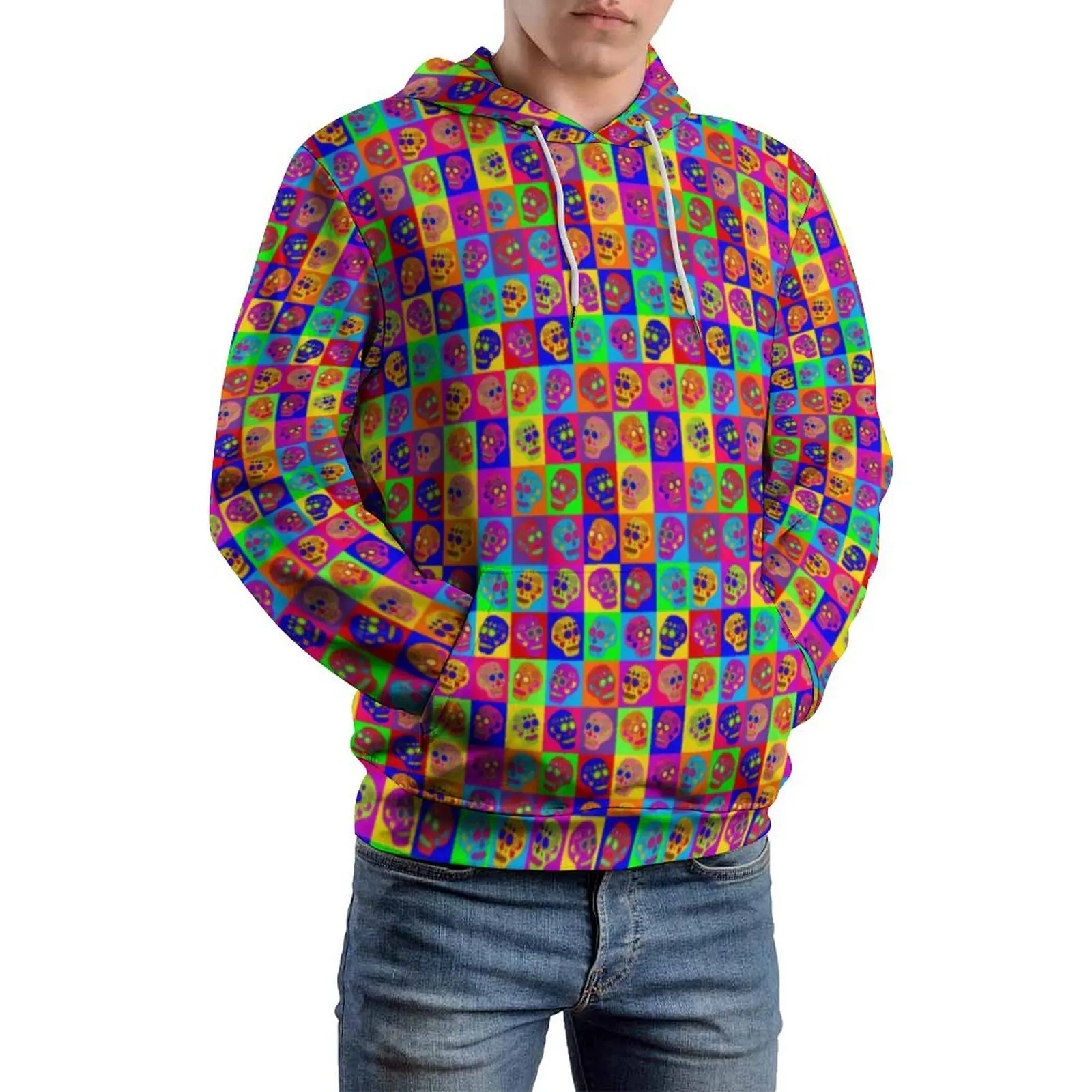 Sugar Skull Squares Casual Hoodies Long Sleeve Day of The Dead Kawaii Hoodie Winter Streetwear Printed Oversize Clothes