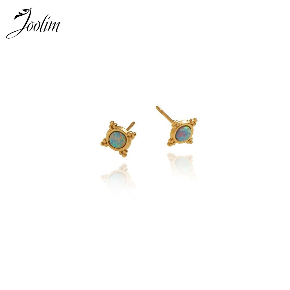 Joolim Jewelry High Quality PVD Wholesale Waterproof Fashion Mini Dream Blue Opal Stone Stud Stainless Steel Earring for Women