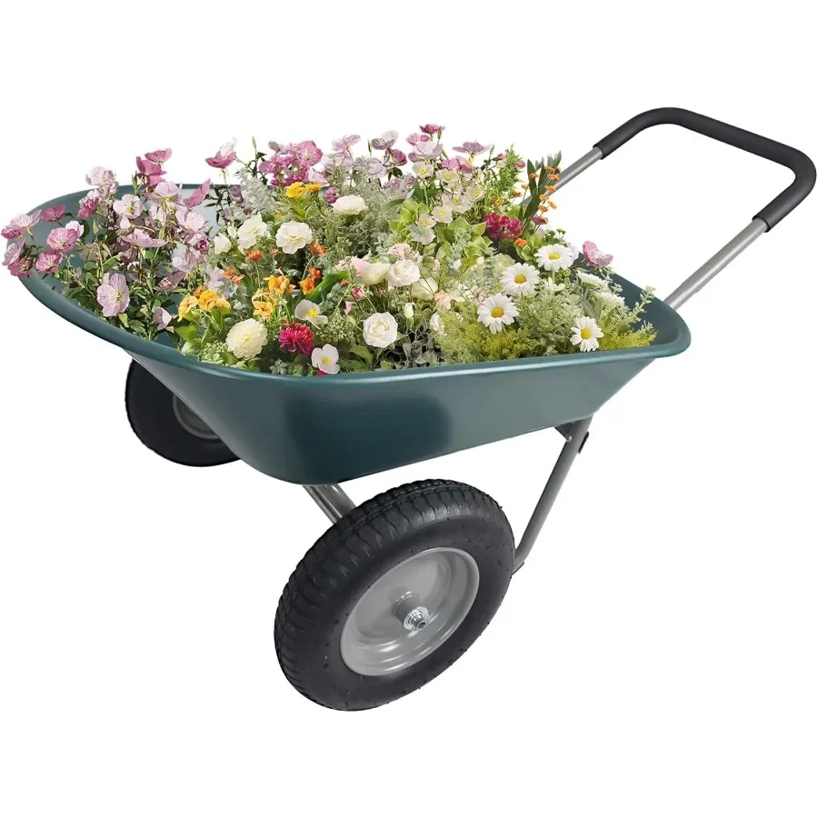 

Wheelbarrow Garden Cart Heavy Duty Home Utility Dual-Wheel Home Garden Yard Utility Wheelbarrow Cart with Built-in Stand Green