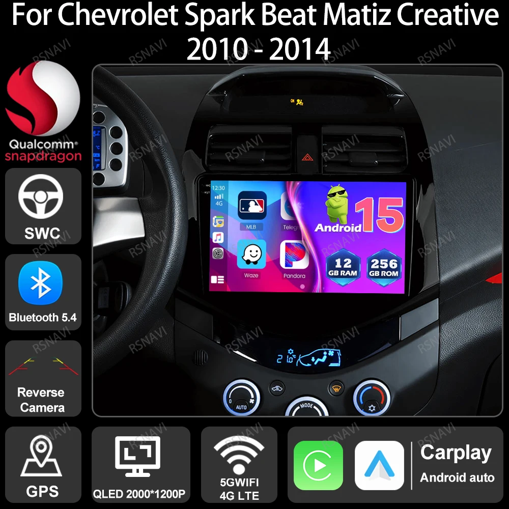 Car Radio Android 15 For Chevrolet Spark Beat Matiz Creative 2010 - 2014 Head Unit 4G LTE QLED GPS Viedo Player Stereo Qualcomm