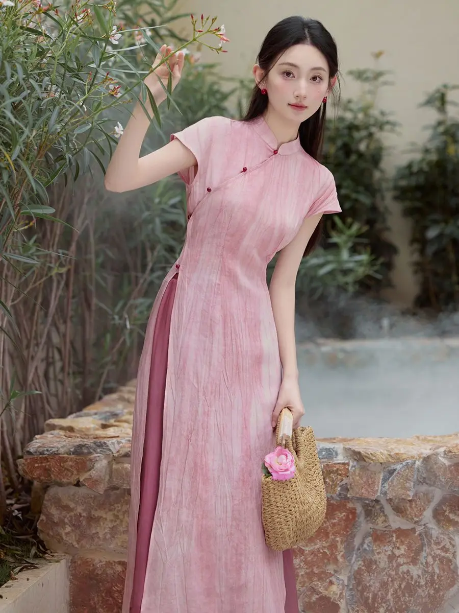 

Spring summer vietnam aodai chinese styles dress with pants women vintage long dress qipao pink elegant cheongsam dress