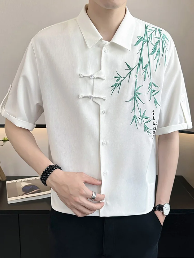 

Ice Silk Bamboo Embroidery Loose Fit Men's irt ort Sve Summer Faion Casual Sle Four-Button Cuff Thin Fabric Coat