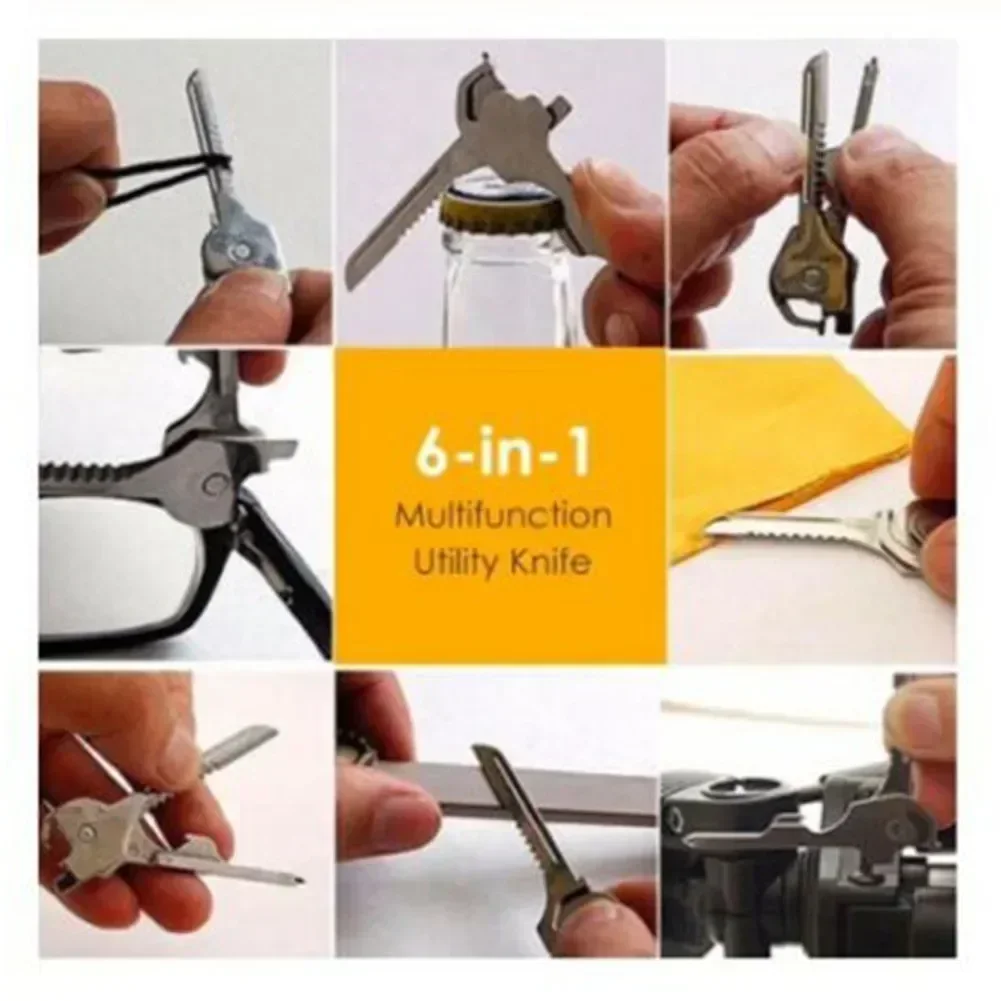 1PC Pocket Keychain Multitool Key Shape Ring 6-In-One Folding Opener Screwdriver Survival Escape Mini Pocket Keychain