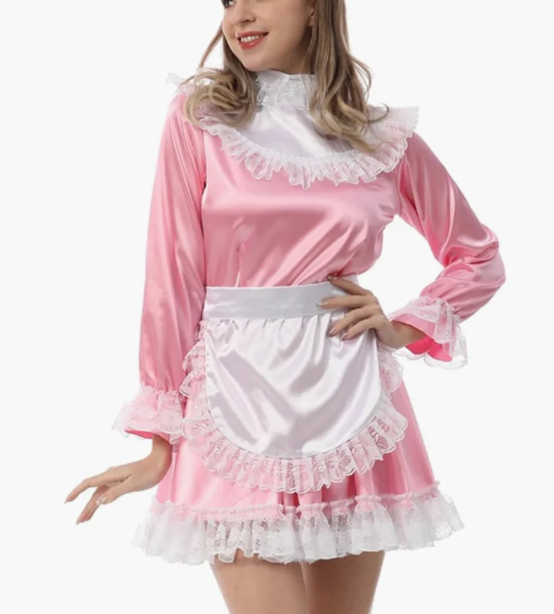 

Style Sexy Adult Custom fetishist Crossdresser Sissy Pink Satin Round Neck Lace Fold Lace Panel Elastic Horn Cufflinks Dress