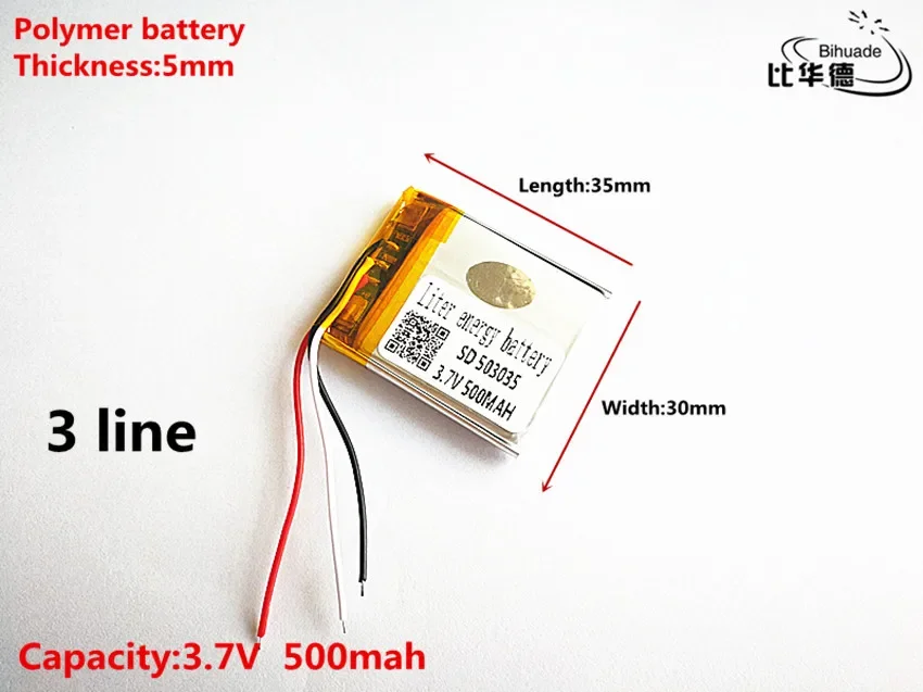5pcs/lot 3 line Good Qulity 3.7V,500mAH,503035 Polymer lithium ion / Li-ion battery for TOY,POWER BANK,GPS,mp3,mp4