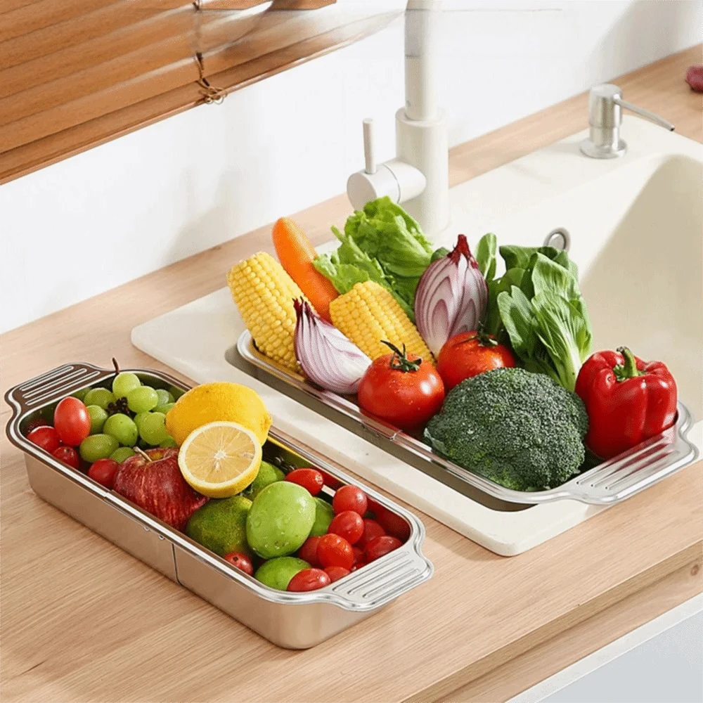 

Retractable Vegetables Drain Basket 304 Stainless Steel Drain Hole Bottom Kitchen Sink Rack with Handle Multipurpose
