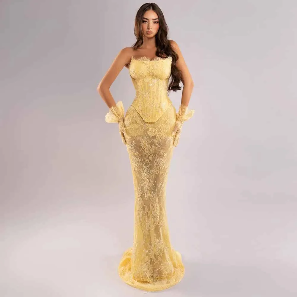 

Dreamy Prom Dresses for Ladies Lace Mermaid/Trumpet Graduation Dress Yellow Strapless Fishbone Sequined Women Ceremony Dresses