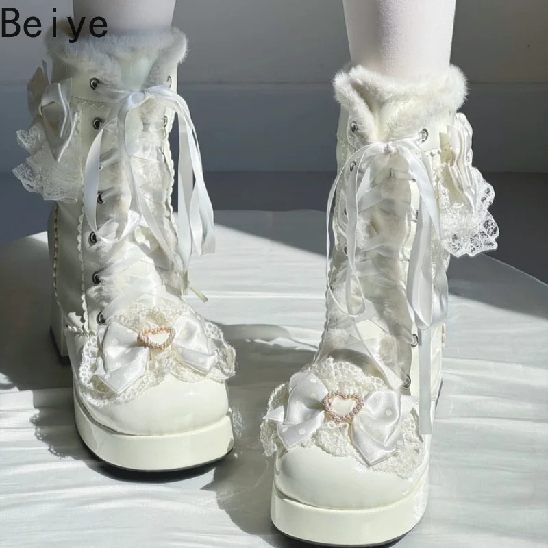 Winter Lolita Platform Ankle Boots Women Faux Fur Lining Polka Dot Bow Snow Boots Girls Lace Pearl Harajuku Jirai Kei Boots