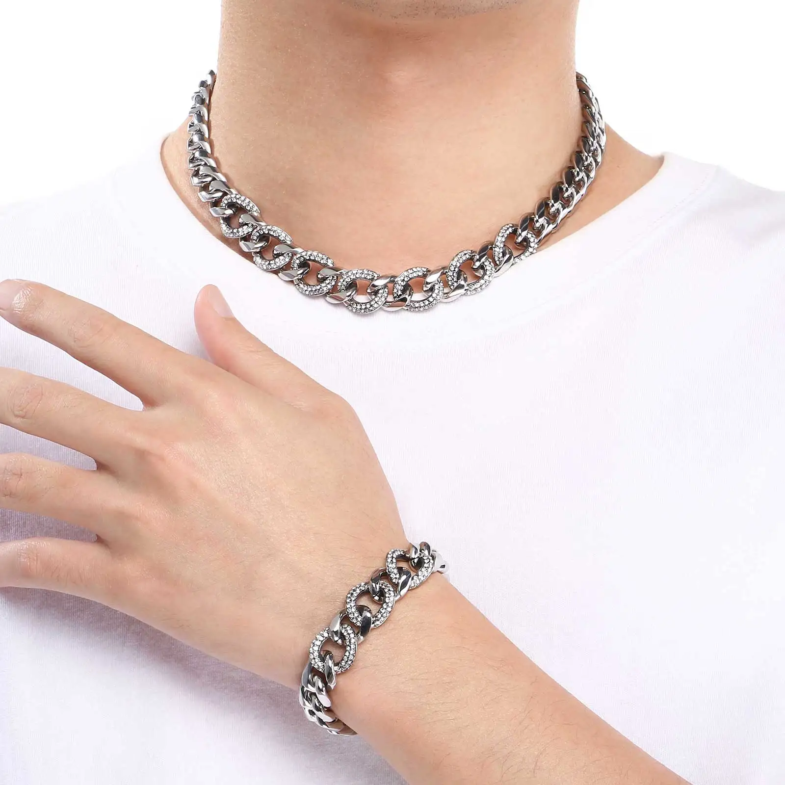 Fongten Bold Distinctive Stainless Steel Cuban Chain Trendy Men's Rhinestone Necklace Fashion Jewelry Banquet Gifts Casual