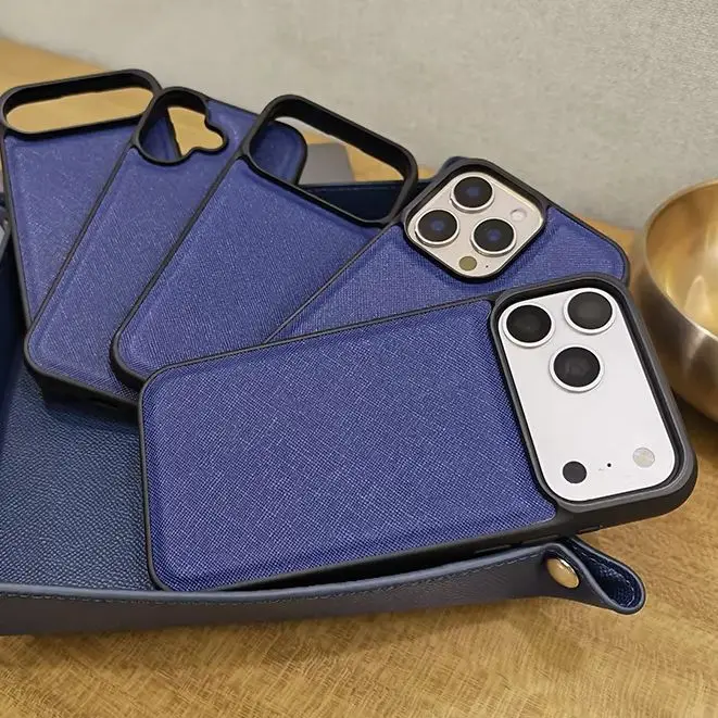 

Navy Fashion Saffiano Leather Business Phone Case for iPhone 17 16 15 14 13 Pro Max Elegant Shockproof Bumper Cover
