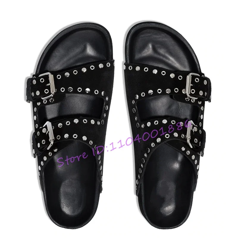 

Summer Cow Suede Thick Bottom Women's Sandals Rivet Belt Buckle Flat Slippers Fashion Open Toe Beach Casual Shoes Large Size