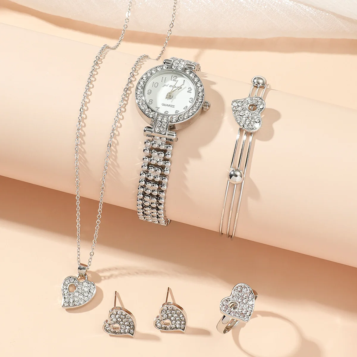 Dames Set Light Luxe Mode Veelzijdige Diamanten Set Stalen Band Horloge Liefde Armband + Ring + Oorbellen + Ketting