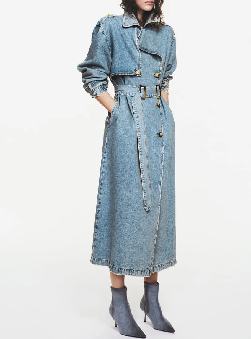 

Spring New Arrival ZA Casual Double-Breasted Long Denim Windbreaker Jaet Vintage Sle Commute Polyester Fiber Long Sve