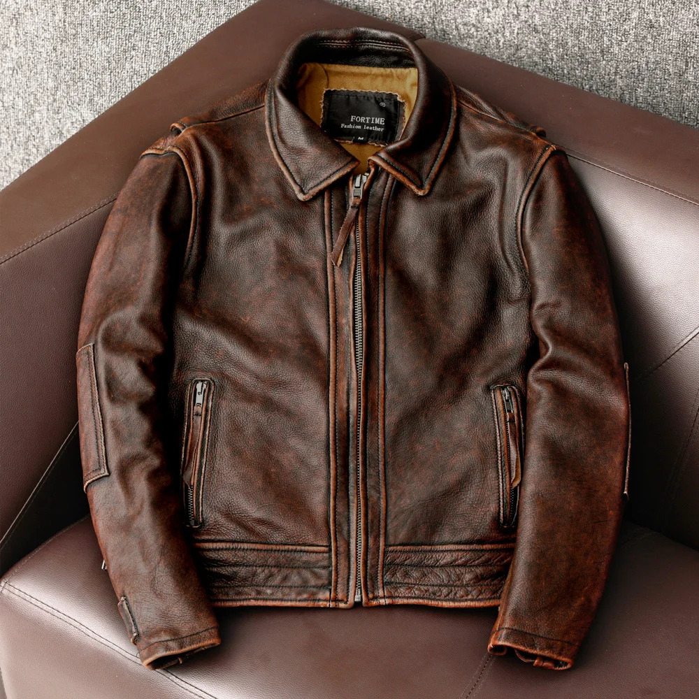 2021 New style genuine Leather jacket Vintage Brown Cowhide Coat Men Slim Fashion Biker jacket Asian Size S-6XL