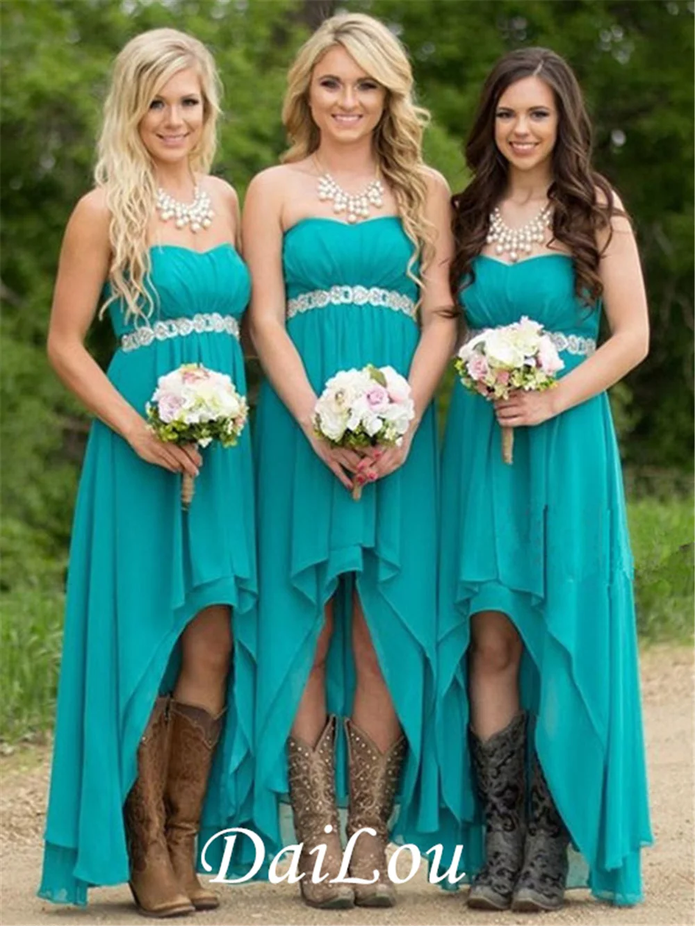 

Empire Sleeveless Sweetheart Strapless Bridesmaid Dress Turquoise Color Chiffon Wedding Party Gowns Short Front Long Back Dress