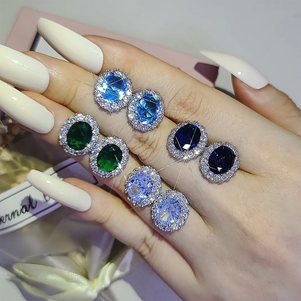 

2026 New Design Luxury Classic Cute Pink Blue Silver Color Oval Stud Earring for Women Wedding Party Trendy Korean Jewelry