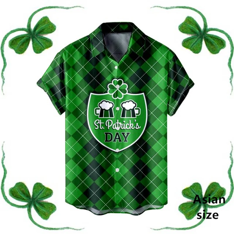 St. Patrick's Day Mens Shirt Festival Green Shamrock Print Button Short Sleeved Tops Fashion Casual Unisex Shirts Women Blouses
