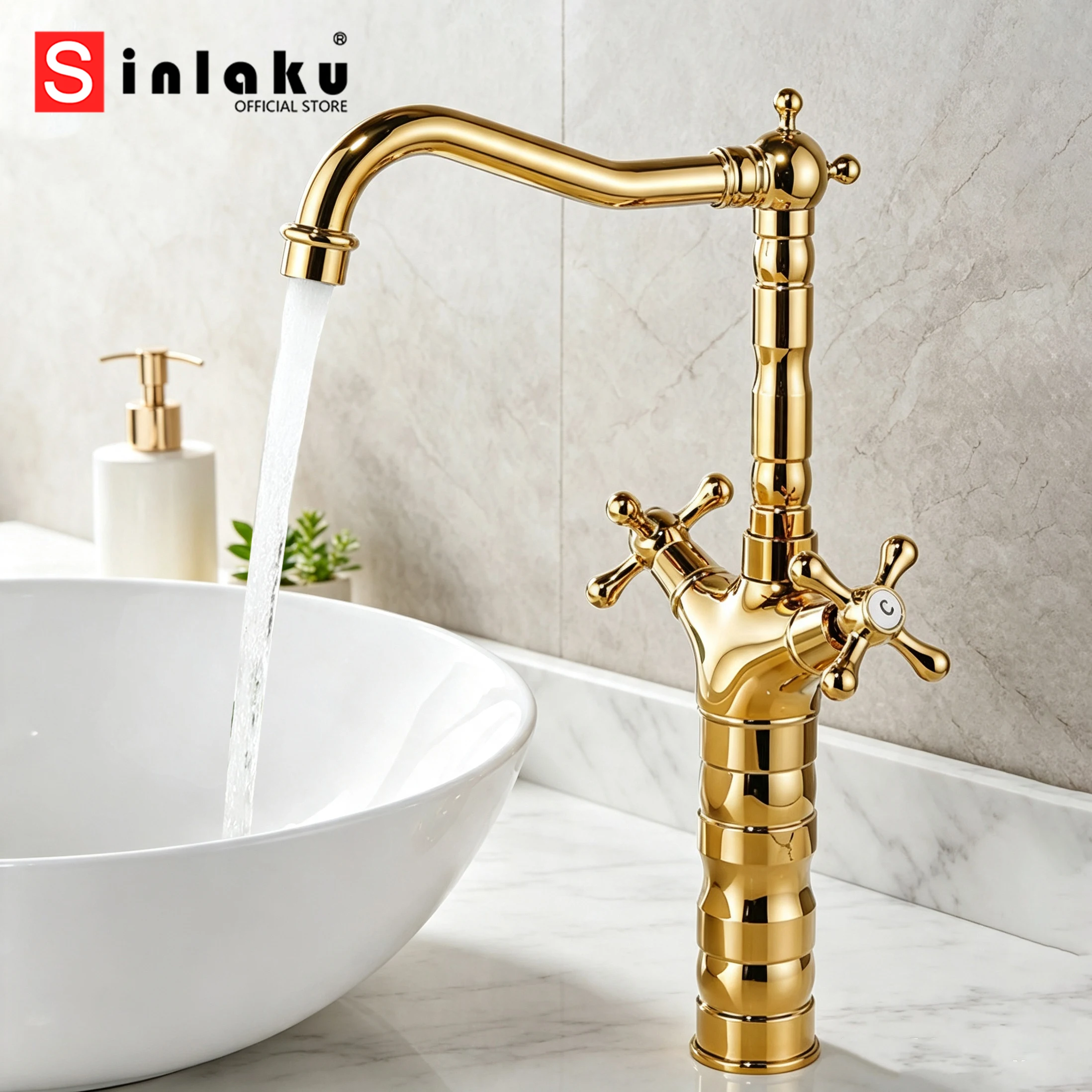 SINLAKU Bathroom Basin Ultra-high Antique Double Handle Faucets 360 Swivel Spout Sink Hot Water Faucet Mixer Tap For Kitchen