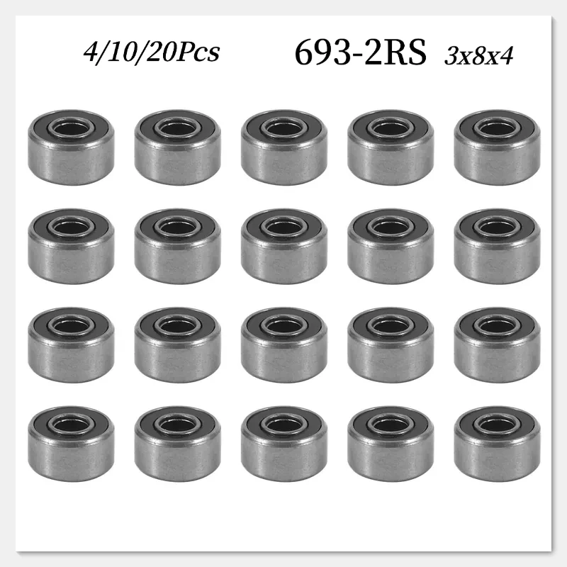 4/10/20 Stück 693-2RS Miniatur-Rillenkugellager, 3 x 8 x 4 mm, doppelt mit Gummi abgedichtete winzige Kugellager aus Chromstahl
