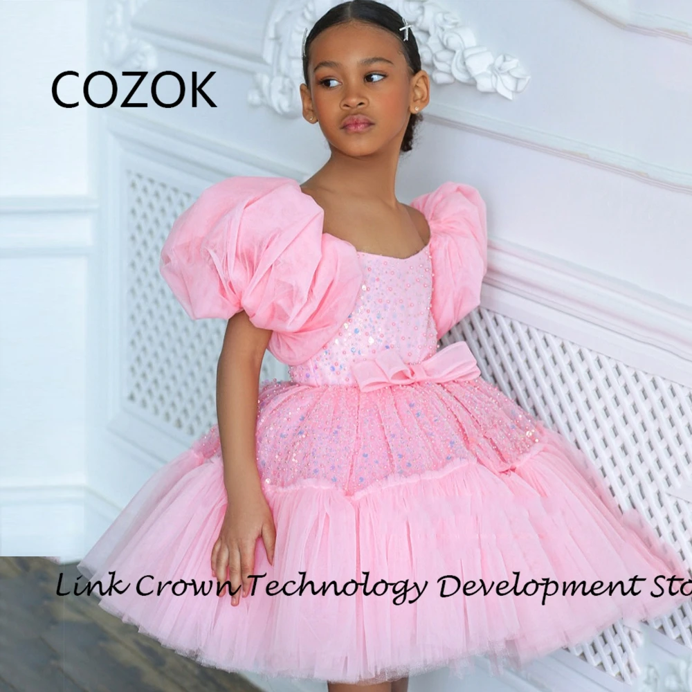 

COZOK Scoop Flower Girls Dresses with Sequined Puffy Short Sleeve Wedding Party Dresses 2024 Summer Soft Tulle فلور فتاة اللباس