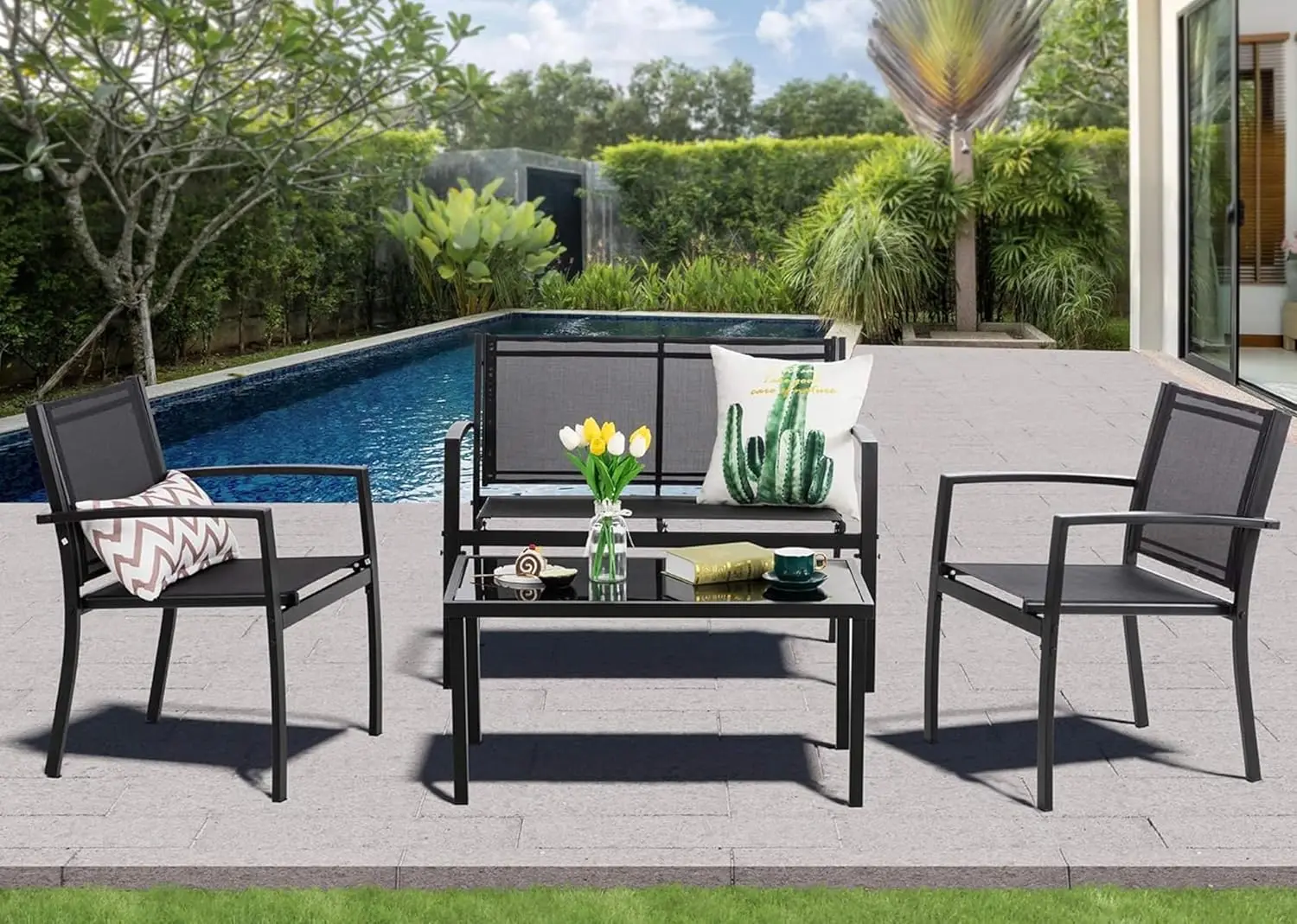 

4-Piece Textilene Metal Patio Furniture Set,Modern Conversation Set with Loveseat Tea Table for Backyard Porch Lawn Balcony